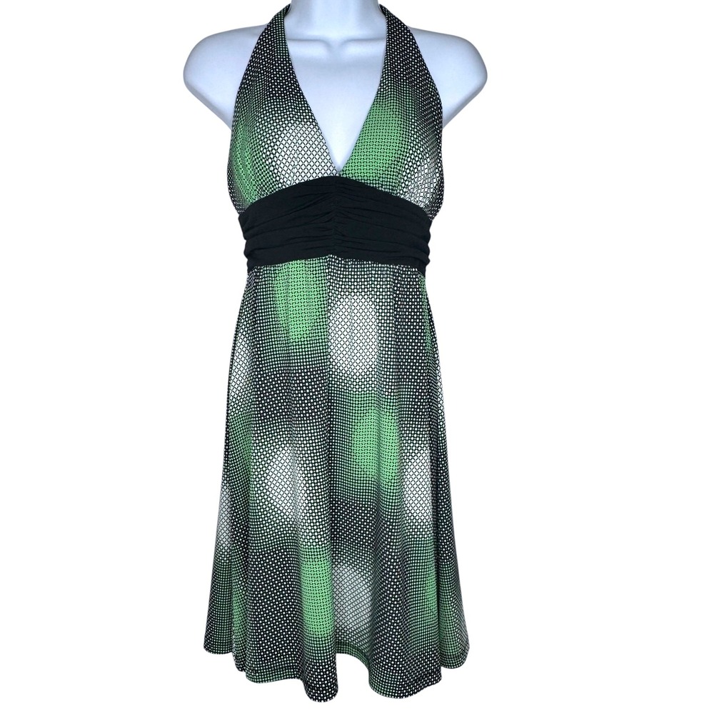 Vtg 90s My Michelle Dress Womens Sz M Green Black Abstract Babydoll Halter Y2K
